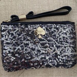 KATE SPADE Leroy Street Glitter Black Silver Sequins Zip Wristlet